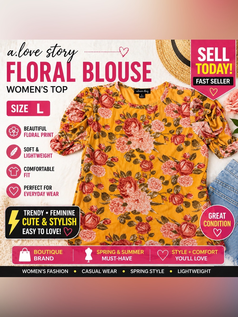 A.Love Story Floral Puff Sleeve Blouse - Mustard Floral